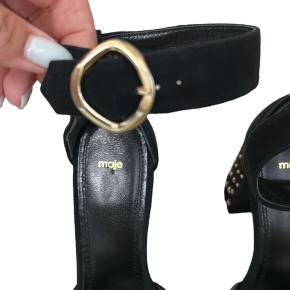 NWOB MAJE $360 Black Suede Studded Block Heel Open Toe Sandals size 36 US 6 - Picture 6 of 9